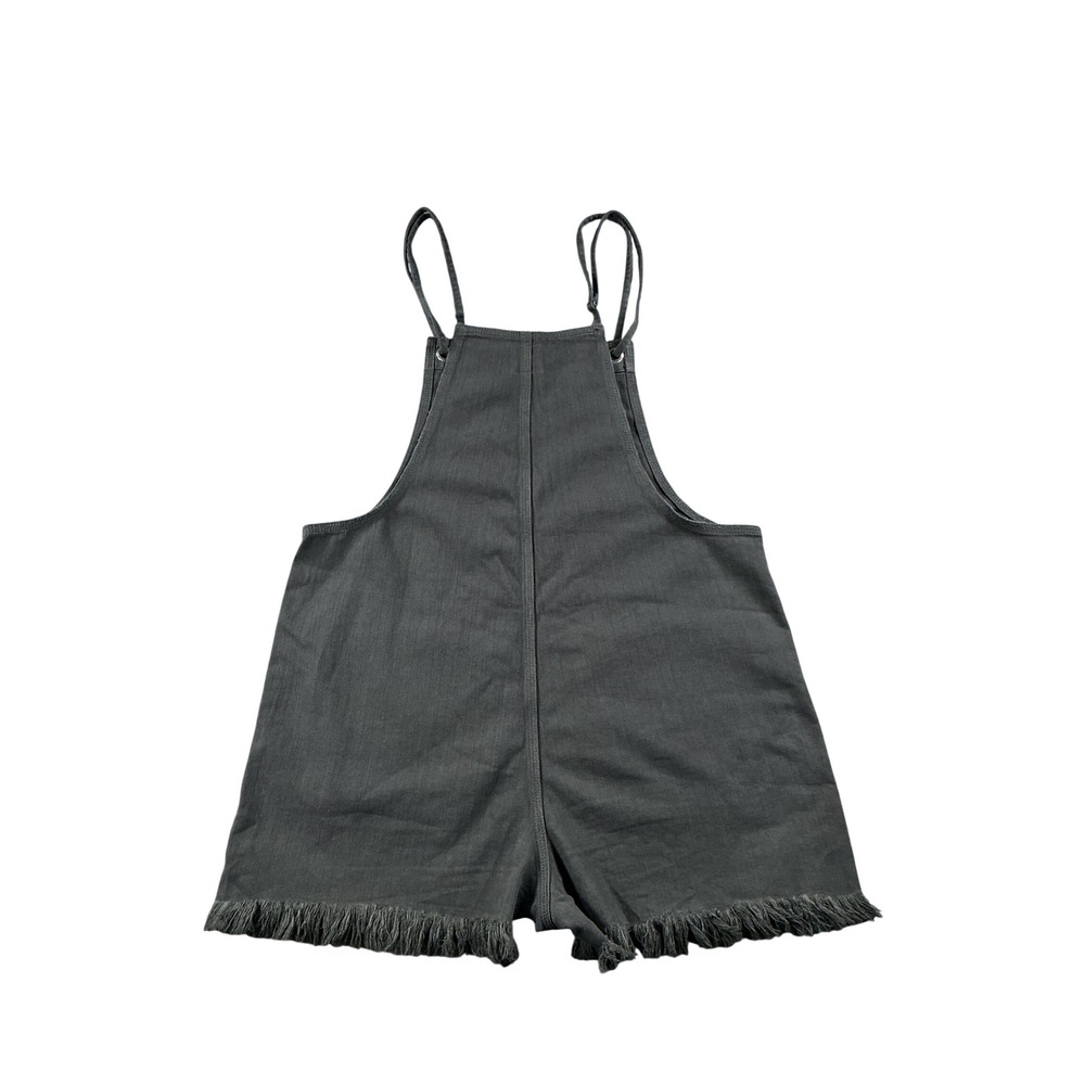 Aerie Charcoal Gray Denim Shortall Romper Fringe Hem Size Large